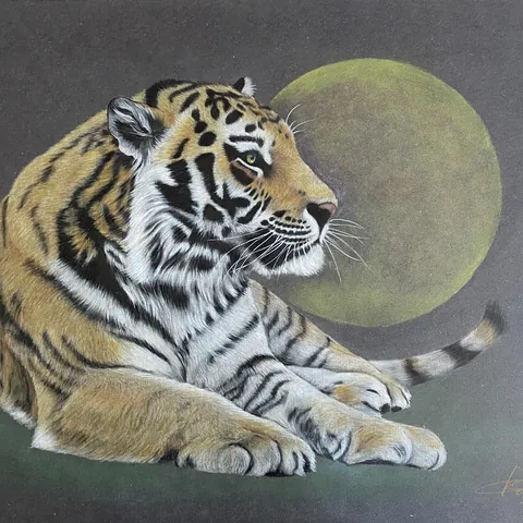 虎の色鉛筆画　月の導き