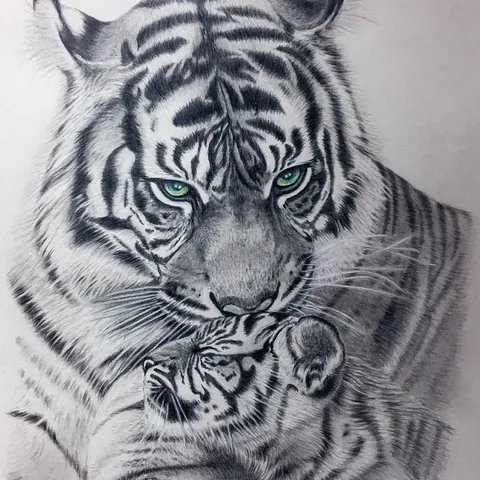 虎の色鉛筆画　母の愛